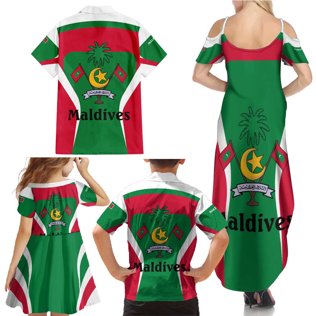 Maldives National Flag and Emblem Family Matching Summer Maxi Dress and Hawaiian Shirt with Green Red White Colorblock Design