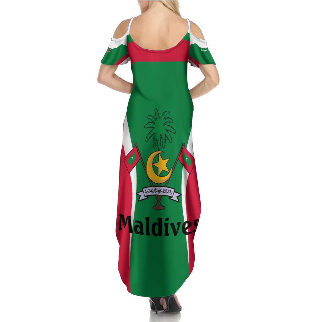 Maldives National Flag and Emblem Family Matching Summer Maxi Dress and Hawaiian Shirt with Green Red White Colorblock Design