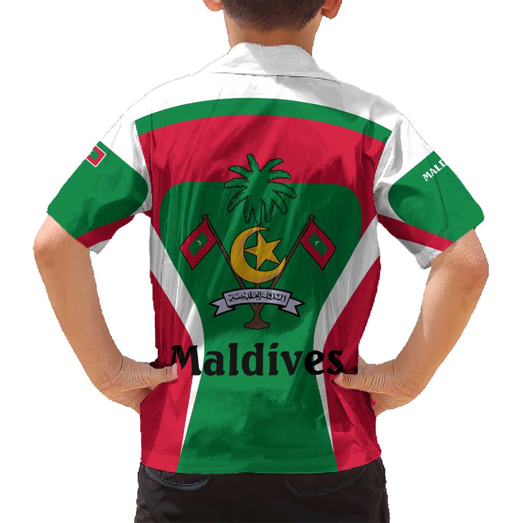 Maldives National Flag and Emblem Family Matching Tank Maxi Dress and Hawaiian Shirt with Green Red White Colorblock Design
