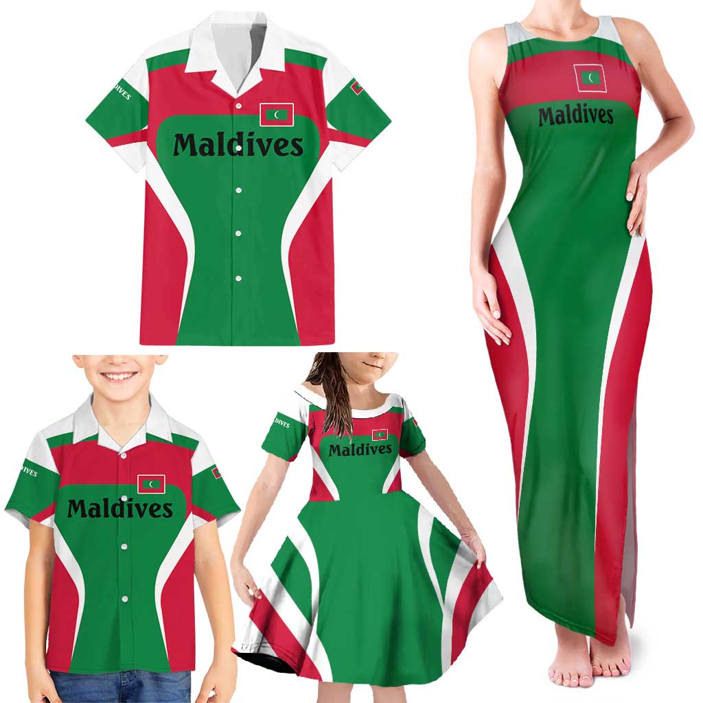 Maldives National Flag and Emblem Family Matching Tank Maxi Dress and Hawaiian Shirt with Green Red White Colorblock Design