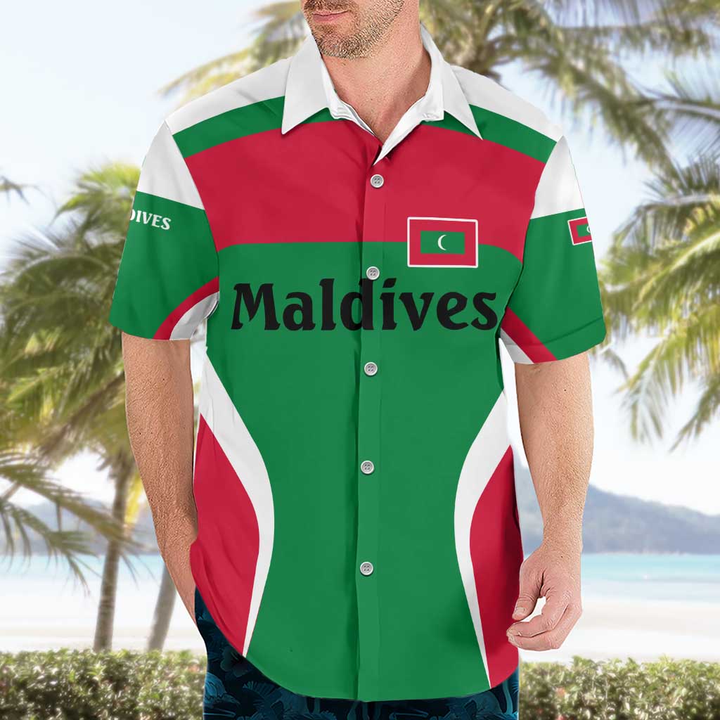 Maldives National Flag and Emblem Hawaiian Shirt with Green Red White Colorblock Design
