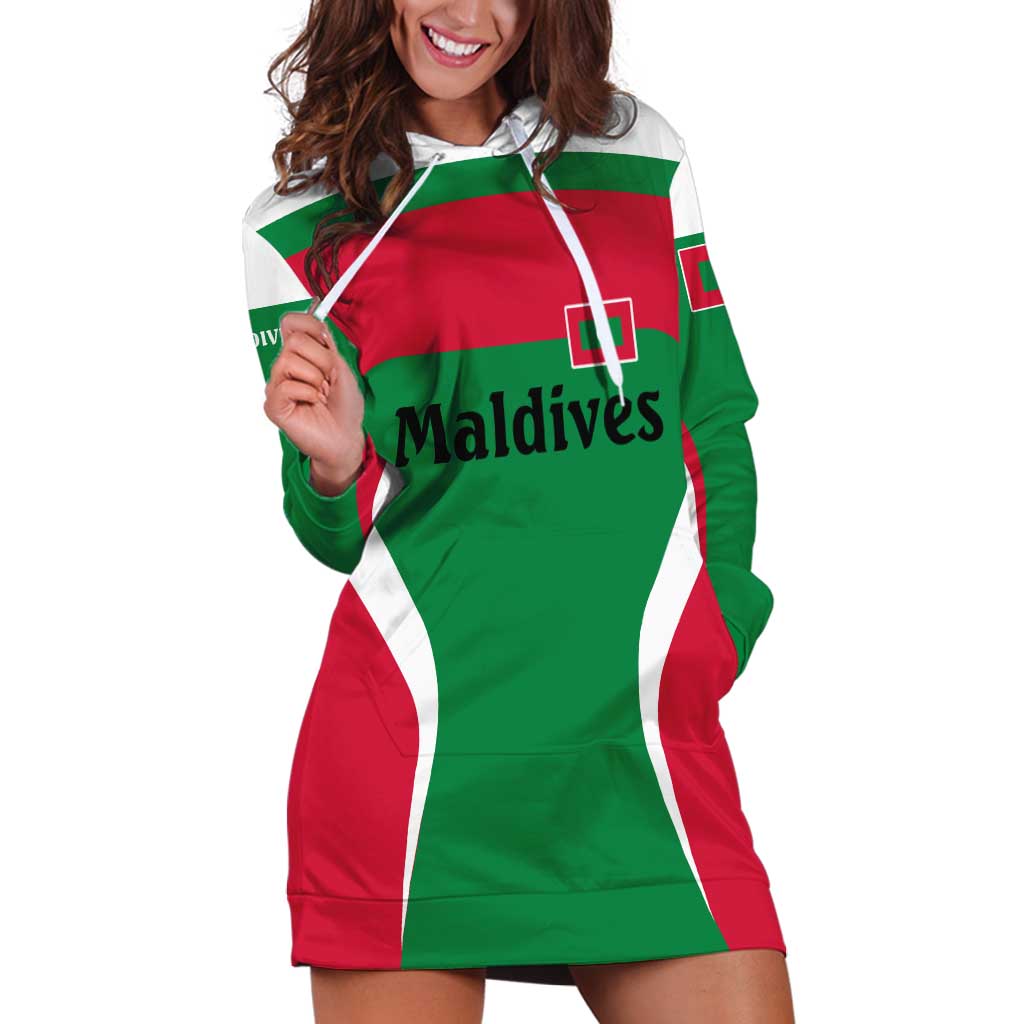 Maldives National Flag and Emblem Hoodie Dress with Green Red White Colorblock Design