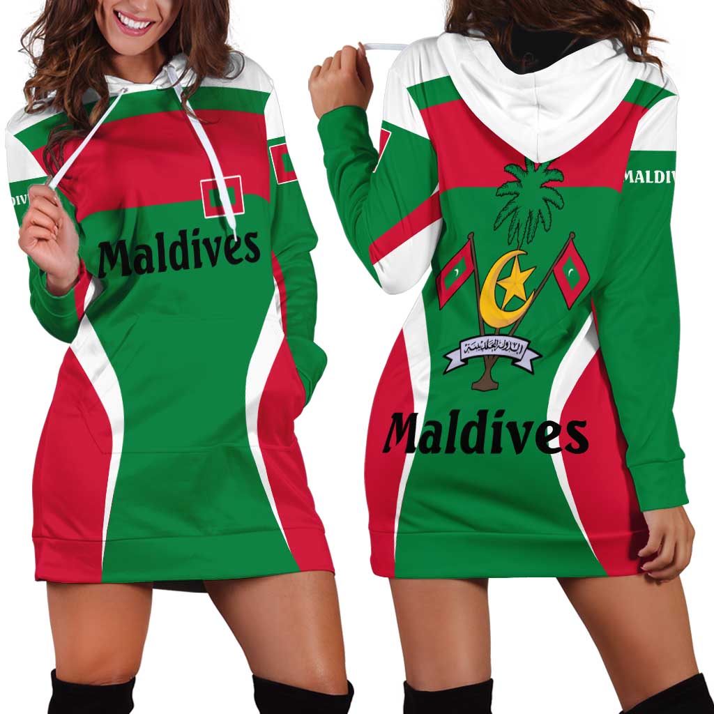 Maldives National Flag and Emblem Hoodie Dress with Green Red White Colorblock Design