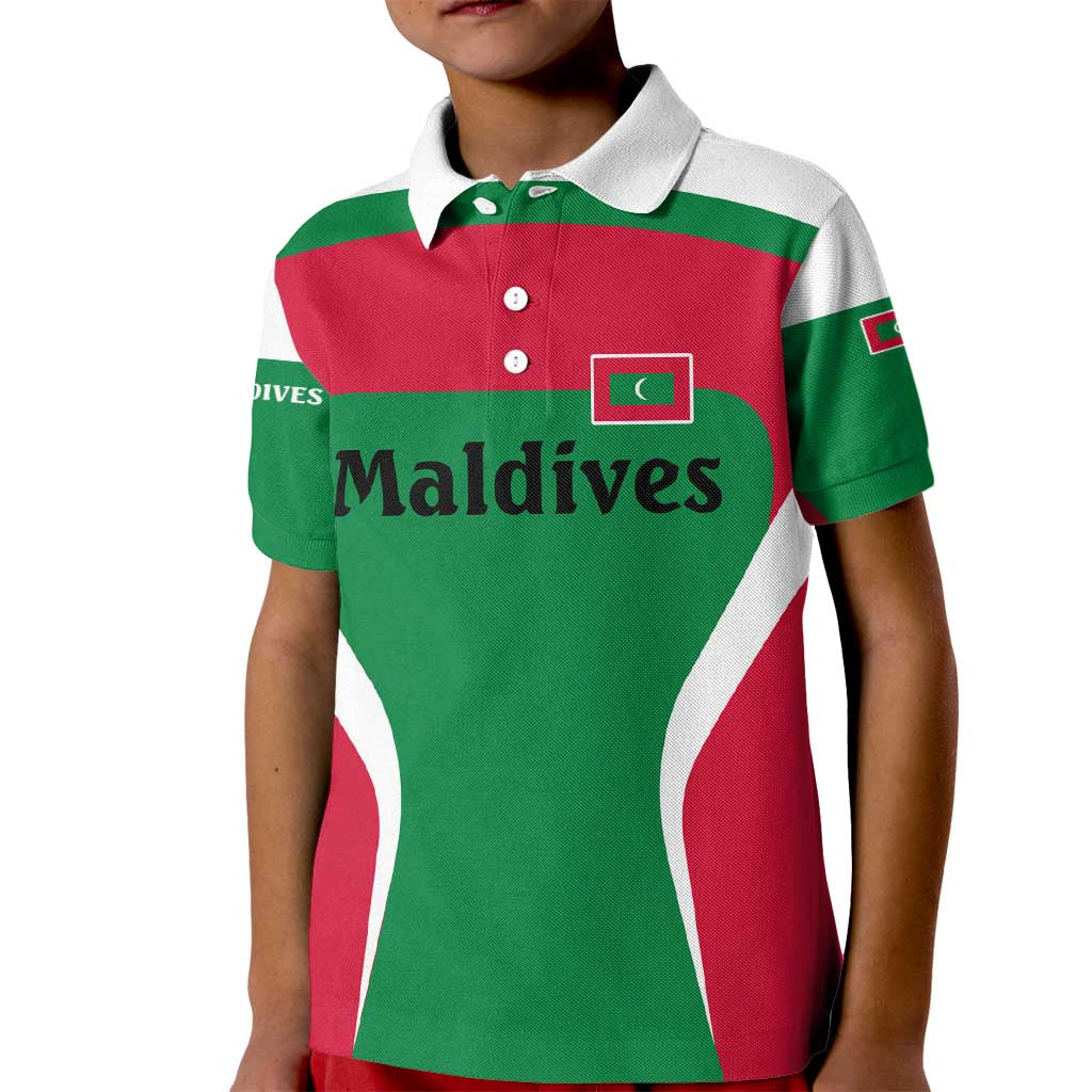 Maldives National Flag and Emblem Kid Polo Shirt with Green Red White Colorblock Design