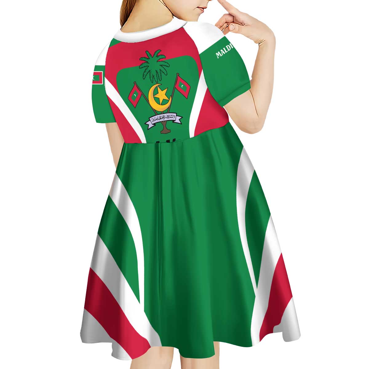 Maldives National Flag and Emblem Kid Short Sleeve Dress with Green Red White Colorblock Design