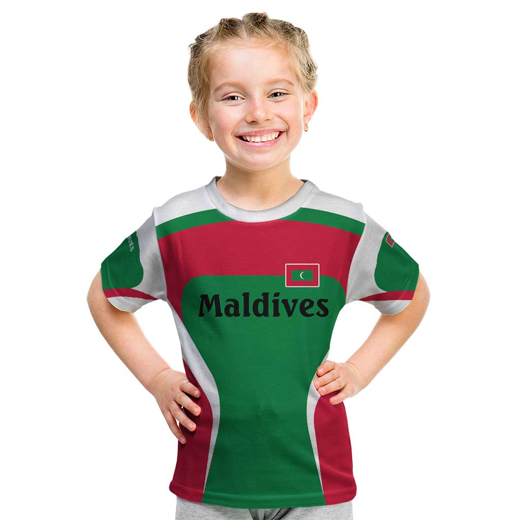 Maldives National Flag and Emblem Kid T Shirt with Green Red White Colorblock Design