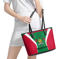 Maldives National Flag and Emblem Leather Tote Bag with Green Red White Colorblock Design