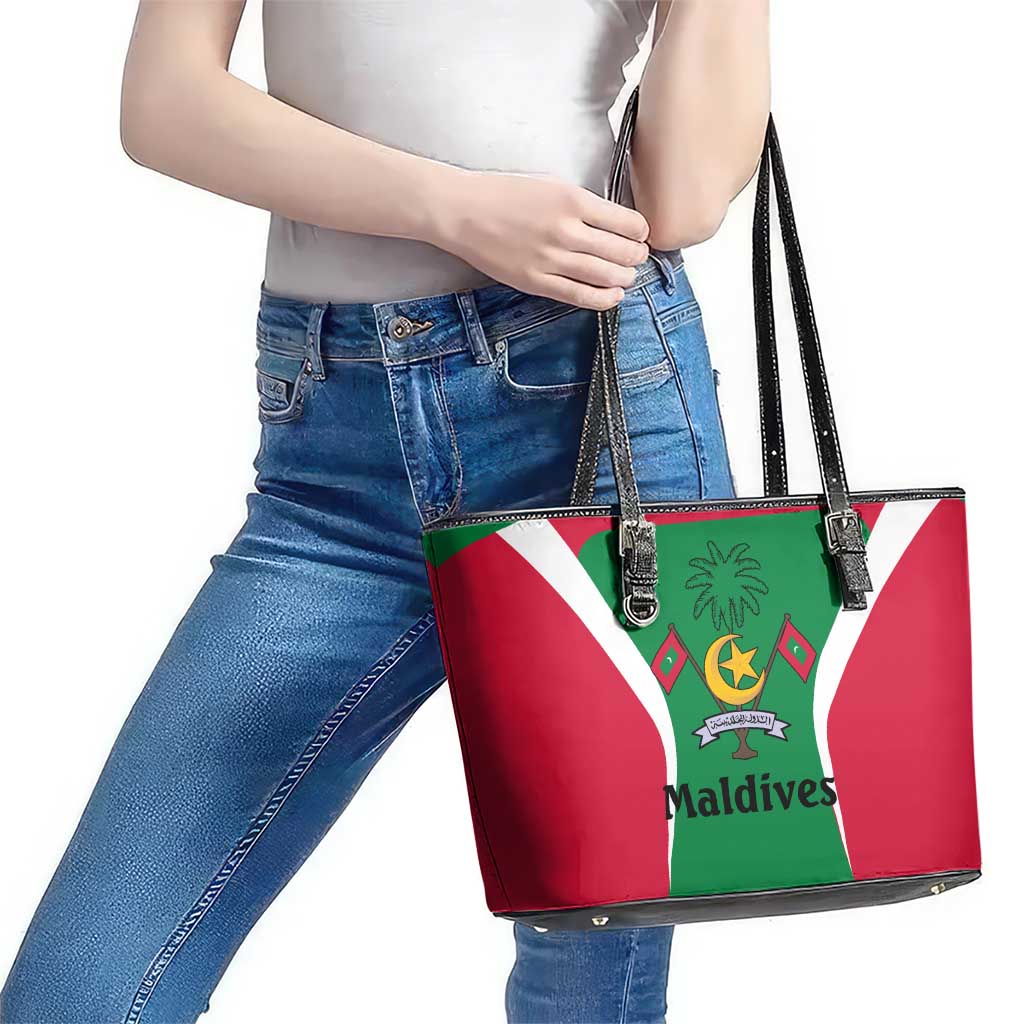 Maldives National Flag and Emblem Leather Tote Bag with Green Red White Colorblock Design