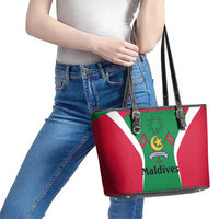 Maldives National Flag and Emblem Leather Tote Bag with Green Red White Colorblock Design