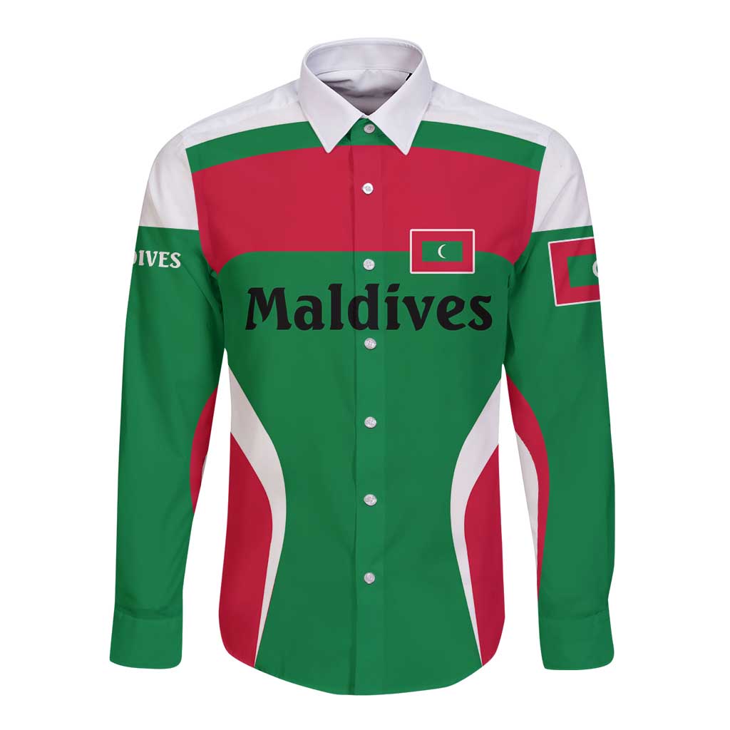 Maldives National Flag and Emblem Long Sleeve Button Shirt with Green Red White Colorblock Design