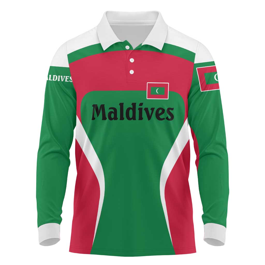 Maldives National Flag and Emblem Long Sleeve Polo Shirt with Green Red White Colorblock Design