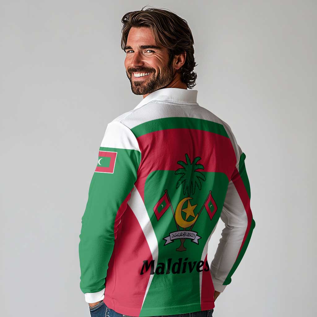 Maldives National Flag and Emblem Long Sleeve Polo Shirt with Green Red White Colorblock Design