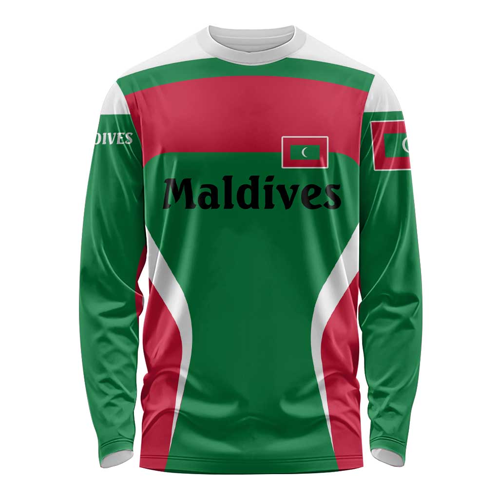 Maldives National Flag and Emblem Long Sleeve Shirt with Green Red White Colorblock Design