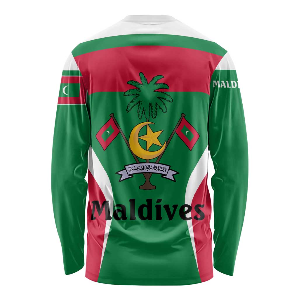 Maldives National Flag and Emblem Long Sleeve Shirt with Green Red White Colorblock Design