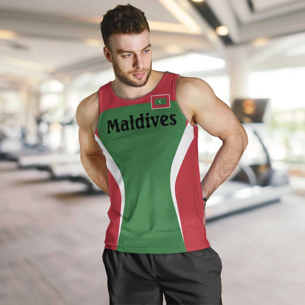 Maldives National Flag and Emblem Men Tank Top with Green Red White Colorblock Design