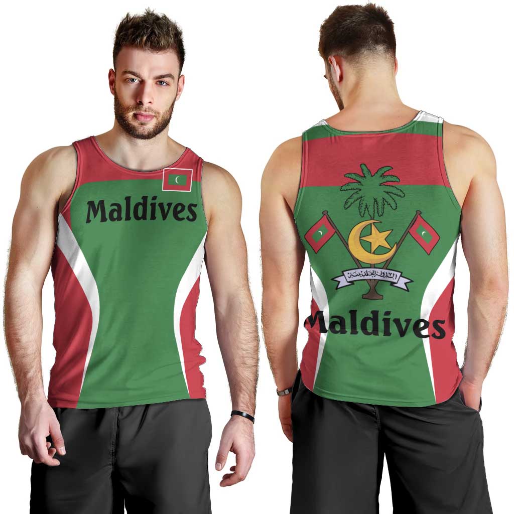 Maldives National Flag and Emblem Men Tank Top with Green Red White Colorblock Design