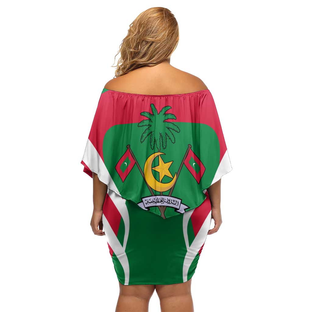 Maldives National Flag and Emblem Off Shoulder Short Dress with Green Red White Colorblock Design