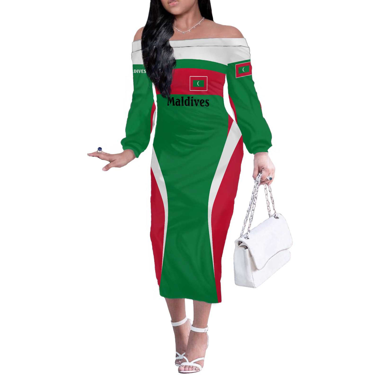 Maldives National Flag and Emblem Off The Shoulder Long Sleeve Dress with Green Red White Colorblock Design