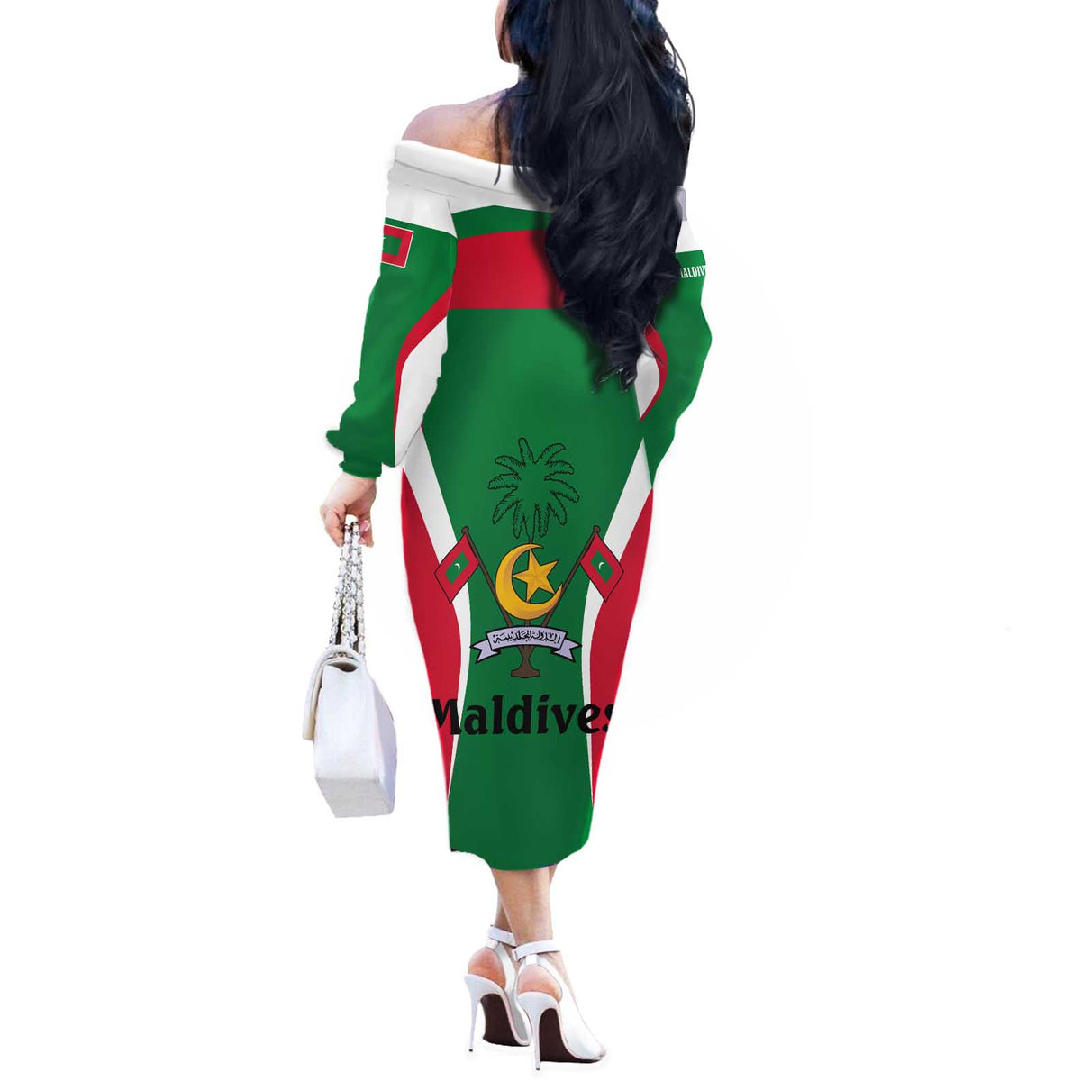 Maldives National Flag and Emblem Off The Shoulder Long Sleeve Dress with Green Red White Colorblock Design