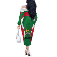 Maldives National Flag and Emblem Off The Shoulder Long Sleeve Dress with Green Red White Colorblock Design