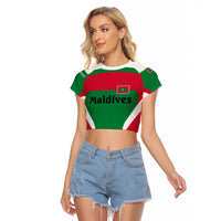 Maldives National Flag and Emblem Raglan Cropped T Shirt with Green Red White Colorblock Design