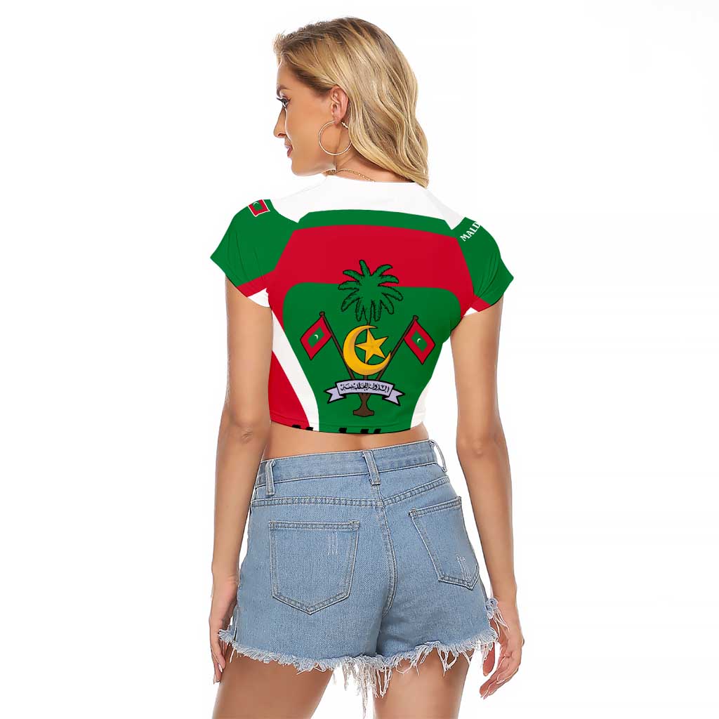 Maldives National Flag and Emblem Raglan Cropped T Shirt with Green Red White Colorblock Design