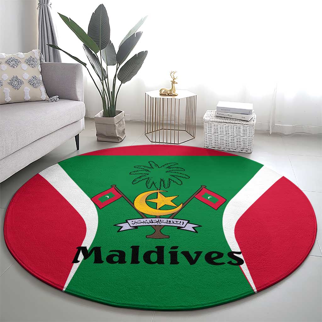 Maldives National Flag and Emblem Round Carpet with Green Red White Colorblock Design