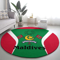 Maldives National Flag and Emblem Round Carpet with Green Red White Colorblock Design