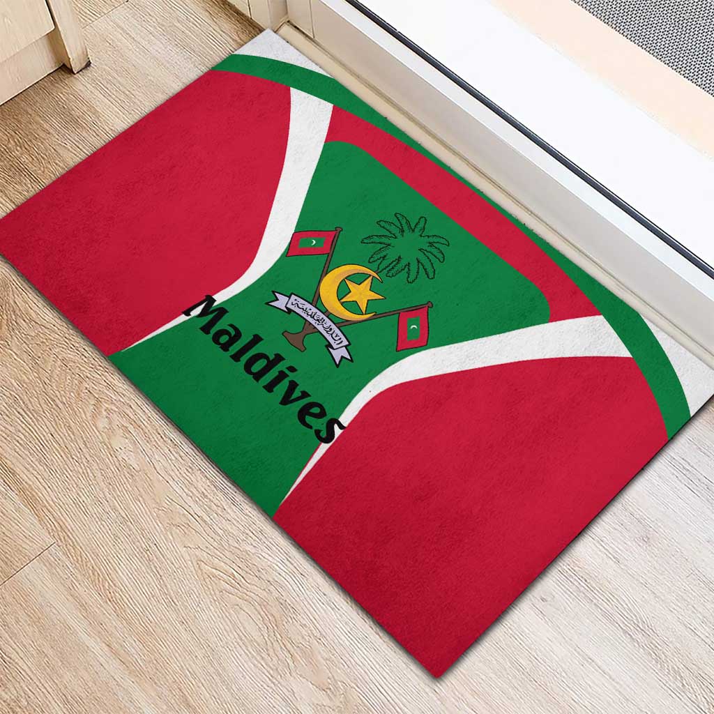 Maldives National Flag and Emblem Rubber Doormat with Green Red White Colorblock Design