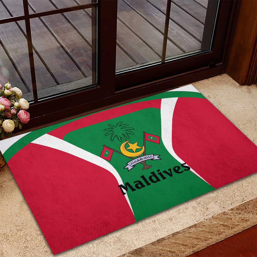 Maldives National Flag and Emblem Rubber Doormat with Green Red White Colorblock Design