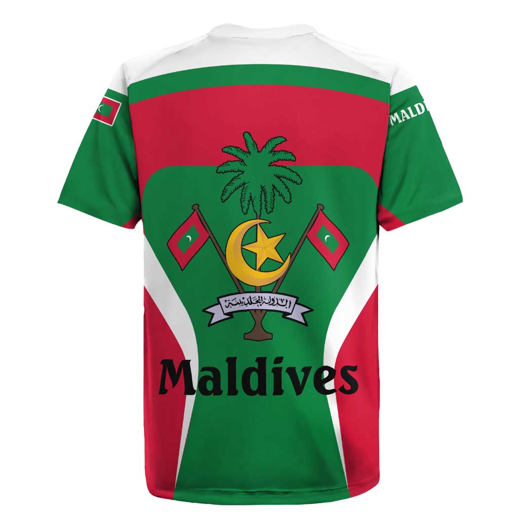 Maldives National Flag and Emblem Rugby Jersey with Green Red White Colorblock Design