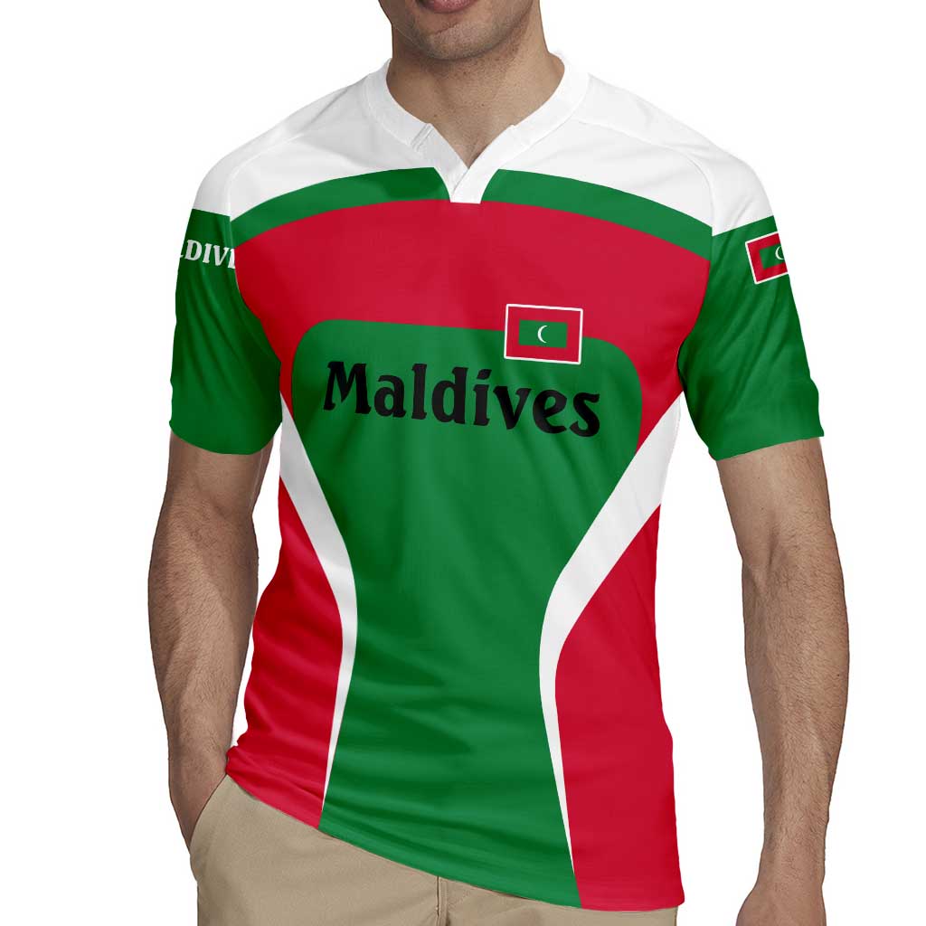 Maldives National Flag and Emblem Rugby Jersey with Green Red White Colorblock Design
