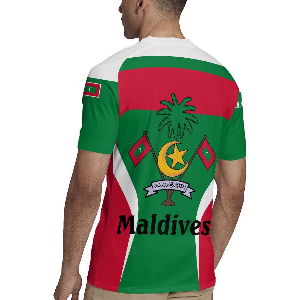 Maldives National Flag and Emblem Rugby Jersey with Green Red White Colorblock Design