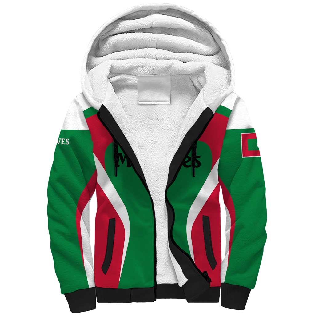Maldives National Flag and Emblem Sherpa Hoodie with Green Red White Colorblock Design