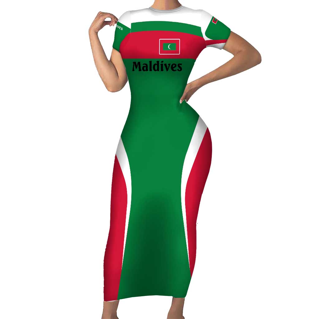 Maldives National Flag and Emblem Short Sleeve Bodycon Dress with Green Red White Colorblock Design