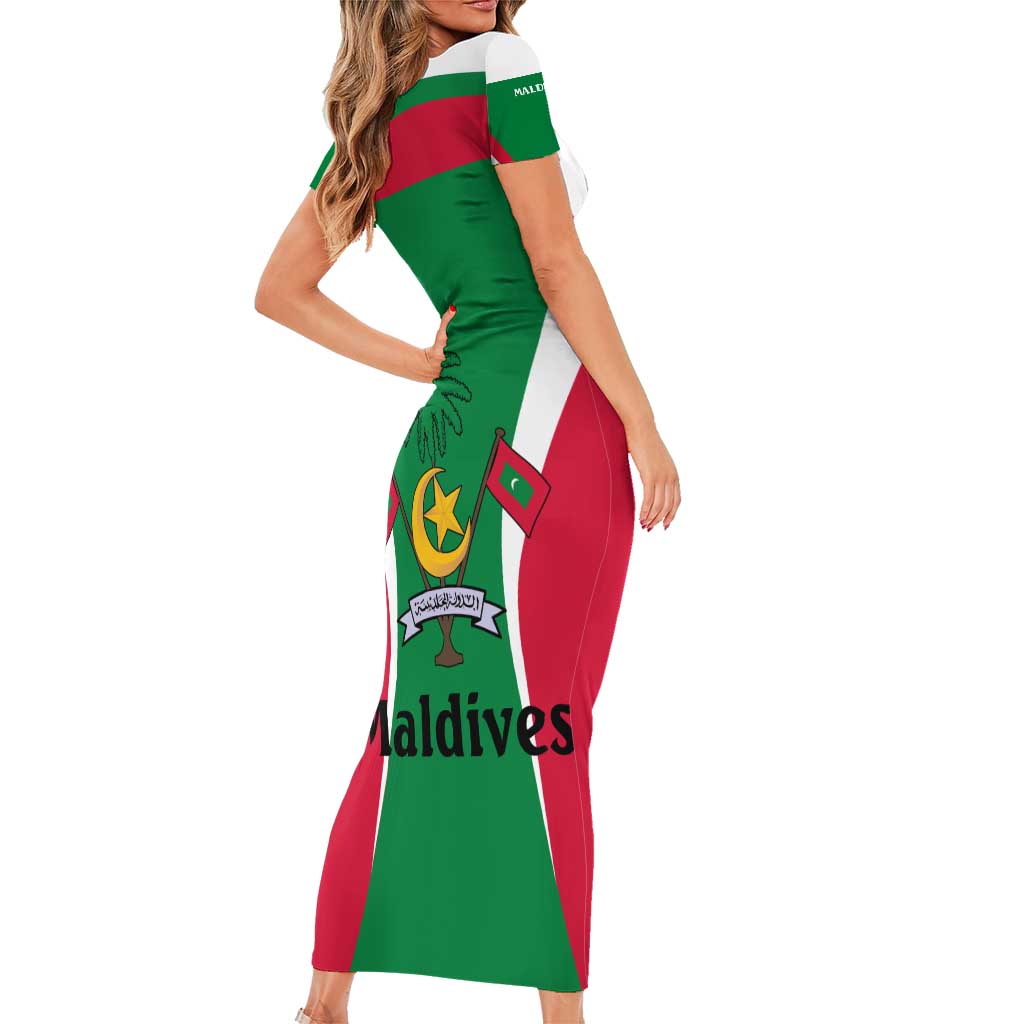 Maldives National Flag and Emblem Short Sleeve Bodycon Dress with Green Red White Colorblock Design