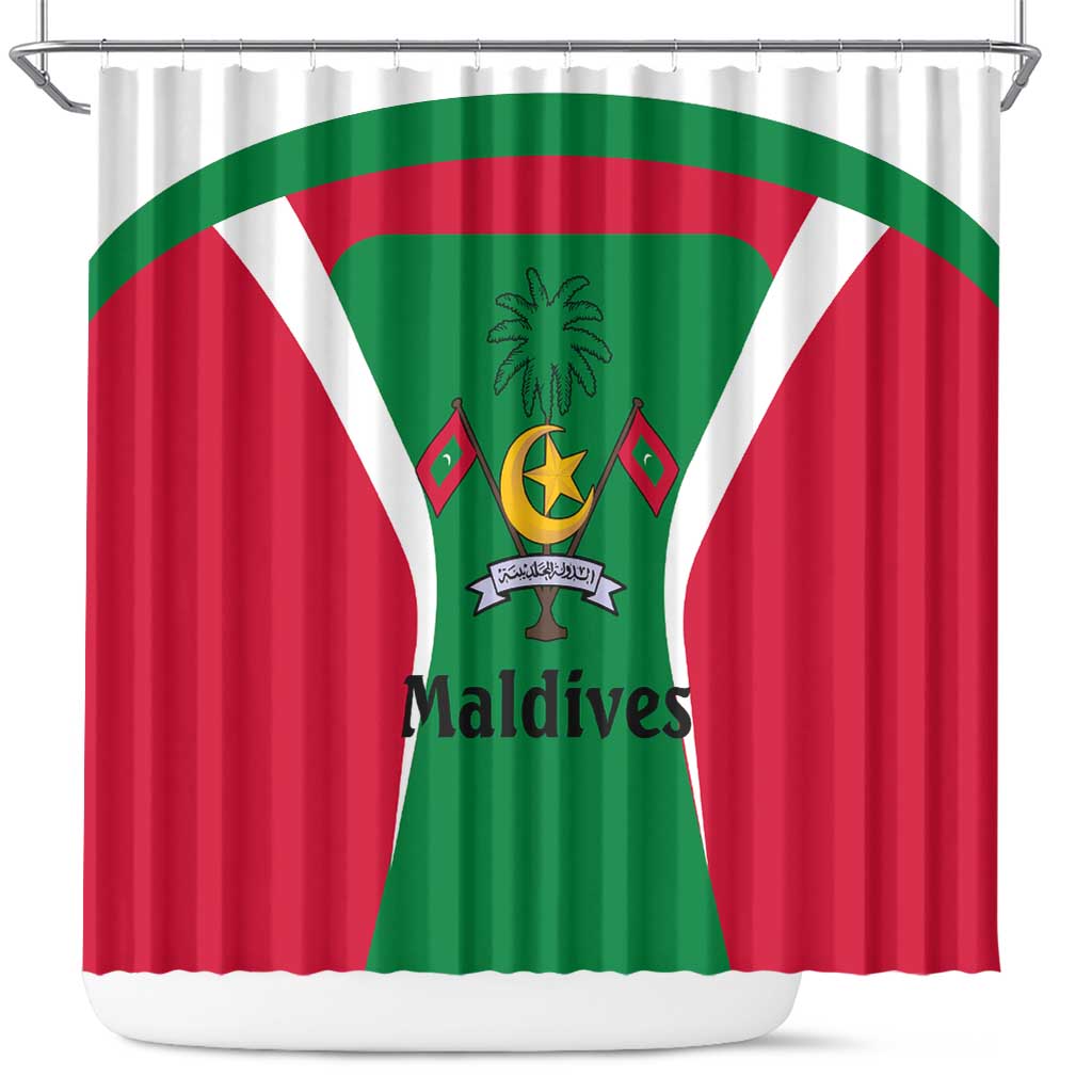Maldives National Flag and Emblem Shower Curtain with Green Red White Colorblock Design