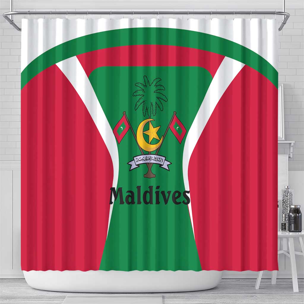 Maldives National Flag and Emblem Shower Curtain with Green Red White Colorblock Design