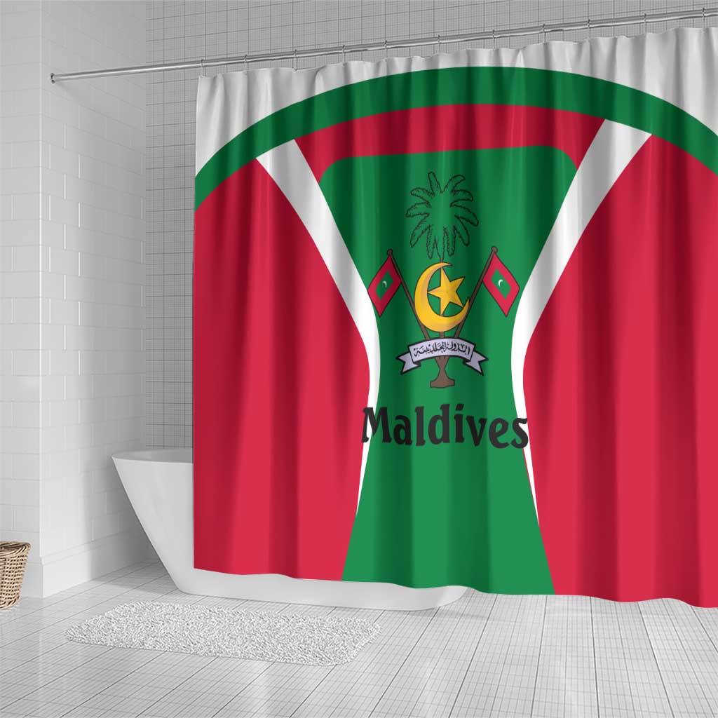 Maldives National Flag and Emblem Shower Curtain with Green Red White Colorblock Design