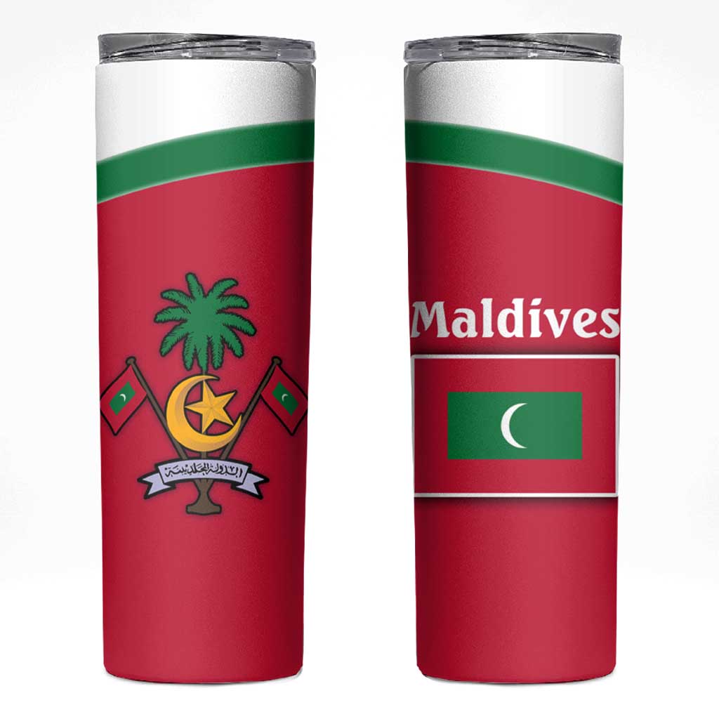 Maldives National Flag and Emblem Skinny Tumbler with Green Red White Colorblock Design