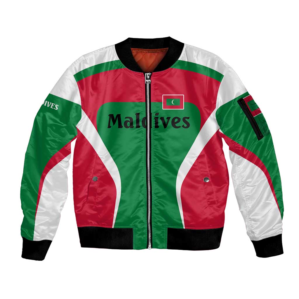 Maldives National Flag and Emblem Sleeve Zip Bomber Jacket with Green Red White Colorblock Design