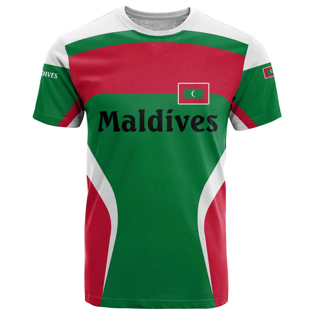 Maldives National Flag and Emblem T Shirt with Green Red White Colorblock Design