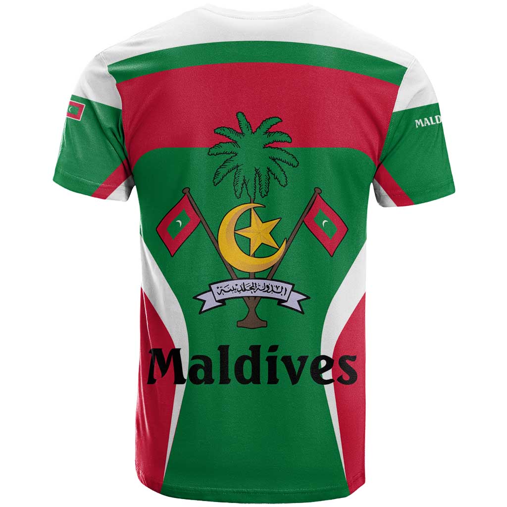 Maldives National Flag and Emblem T Shirt with Green Red White Colorblock Design