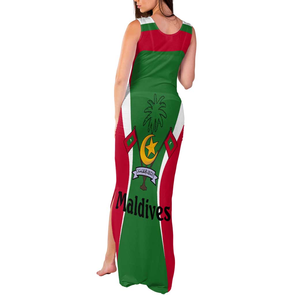 Maldives National Flag and Emblem Tank Maxi Dress with Green Red White Colorblock Design