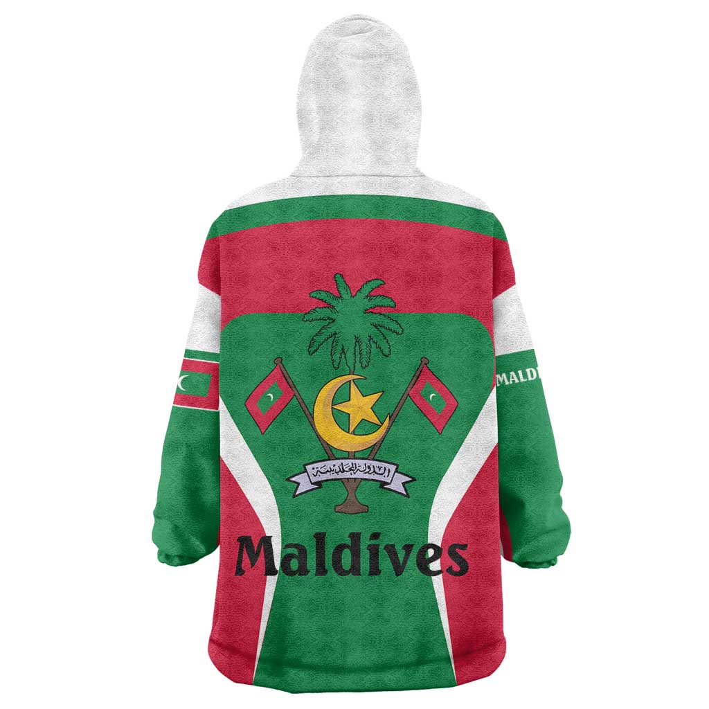 Maldives National Flag and Emblem Wearable Blanket Hoodie with Green Red White Colorblock Design