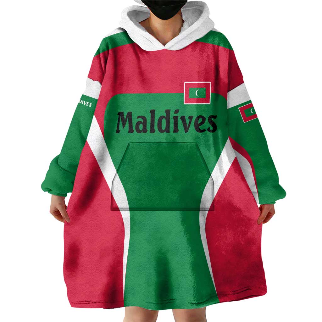 Maldives National Flag and Emblem Wearable Blanket Hoodie with Green Red White Colorblock Design