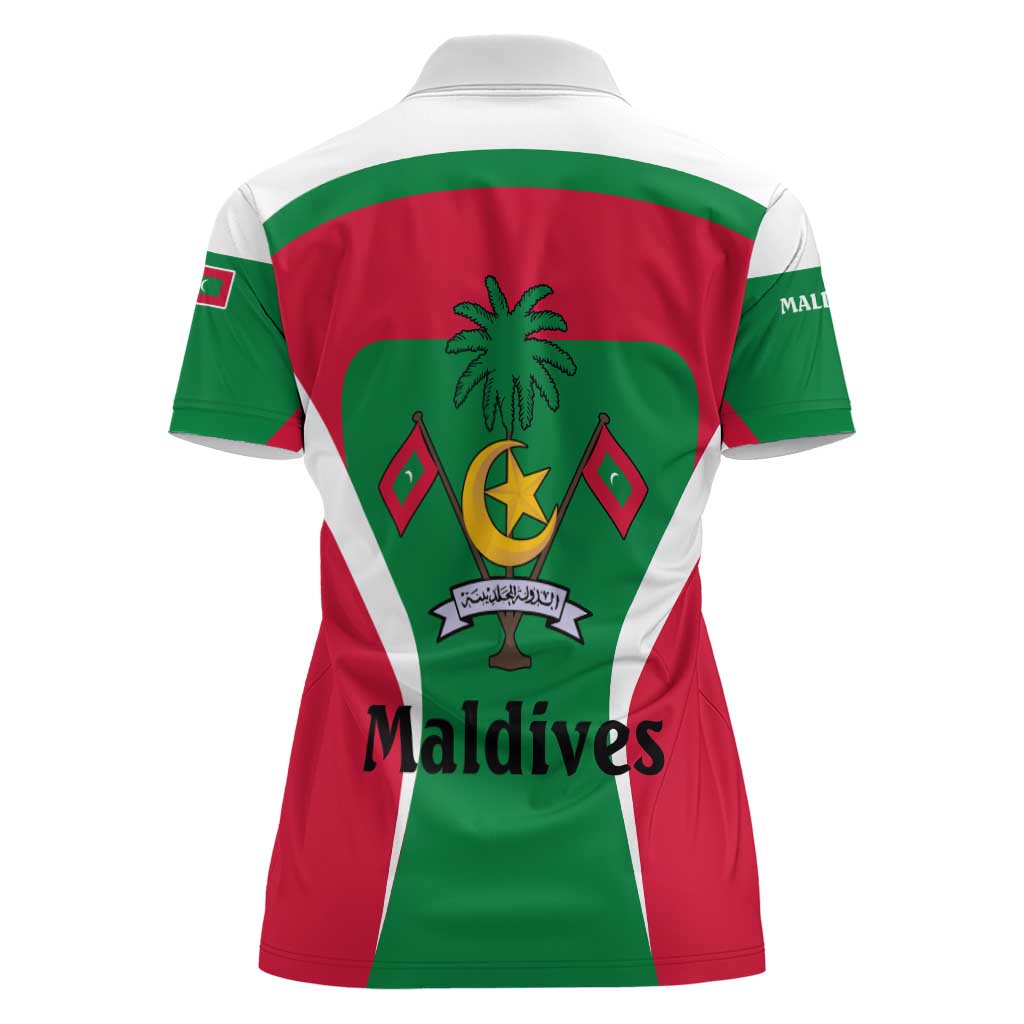 Maldives National Flag and Emblem Women Polo Shirt with Green Red White Colorblock Design