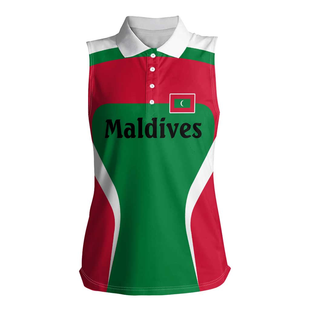 Maldives National Flag and Emblem Women Sleeveless Polo Shirt with Green Red White Colorblock Design