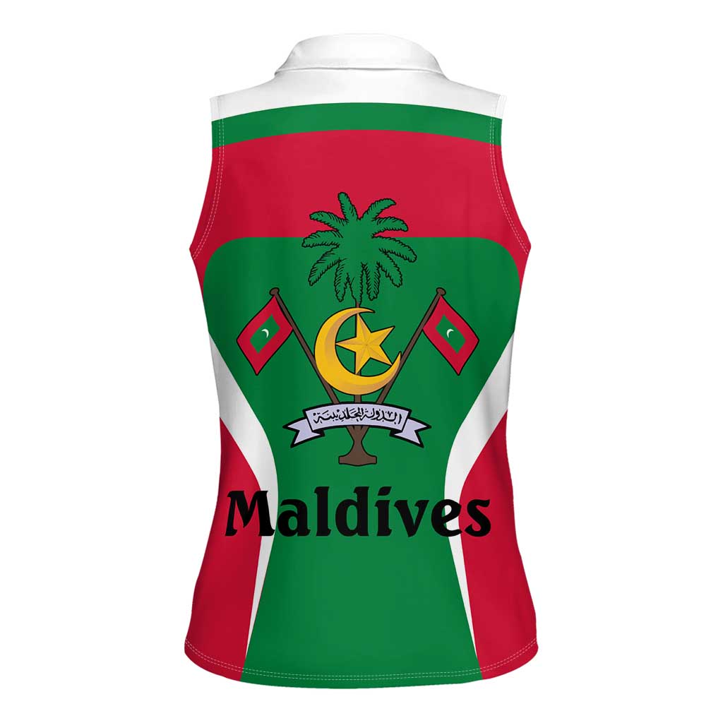 Maldives National Flag and Emblem Women Sleeveless Polo Shirt with Green Red White Colorblock Design