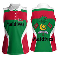 Maldives National Flag and Emblem Women Sleeveless Polo Shirt with Green Red White Colorblock Design